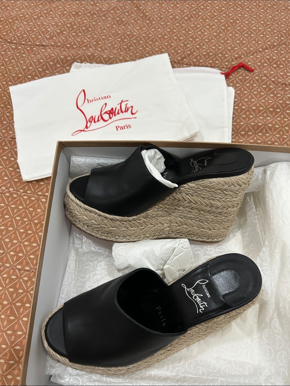 Christian Louboutin Black Leather Espadrille Wedge Slides
